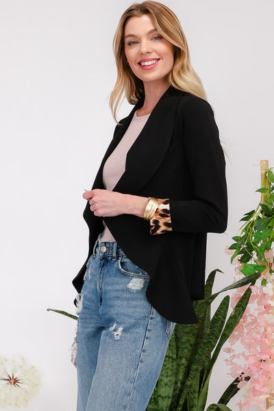 Black Rolled Leopard Cuff Open Front Blazer