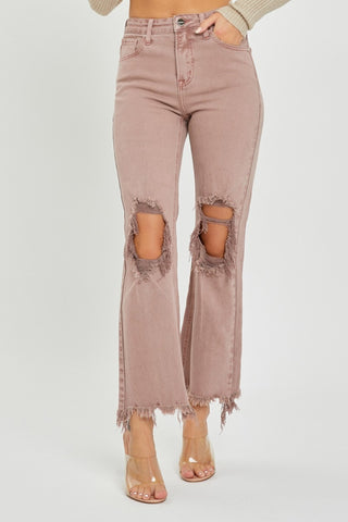 Risen Mauve Distressed Ankle Bootcut Jeans