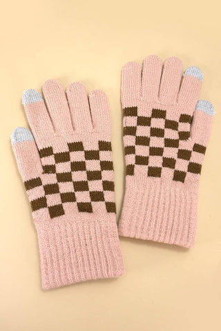 CHECKER WOOL TOUCH SCREEN  WINTER GLOVES-Dusty Pink