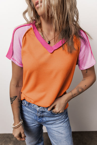 Pink Color Block Ribbed Short Sleeve T-Shirt