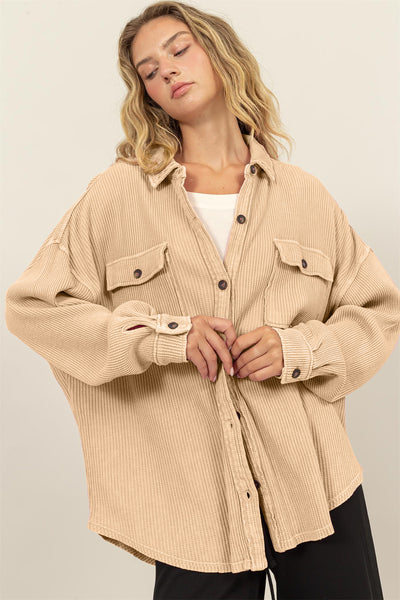 Taupe Waffle-Knit Curved Hem Button Up Shacket