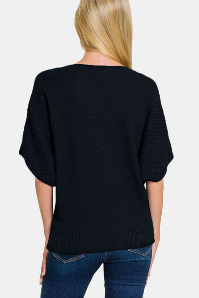 Black V-Neck Short Sleeve Dolman Sweater