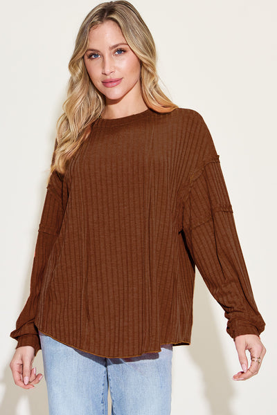 Ribbed Round Neck Long Sleeve Top