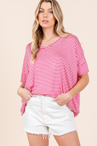 Fuchsia Striped V-Neck T-Shirt