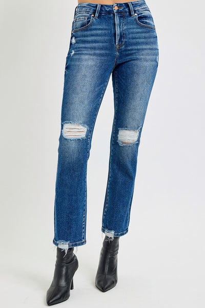 Risen High Rise Distressed Crop Straight Jeans