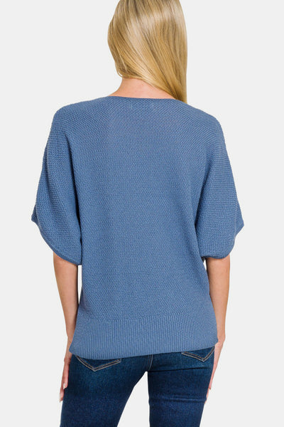 Blue V-Neck Short Sleeve Dolman Sweater