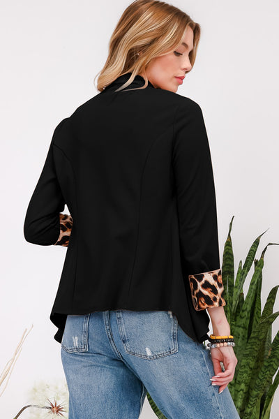 Black Rolled Leopard Cuff Open Front Blazer