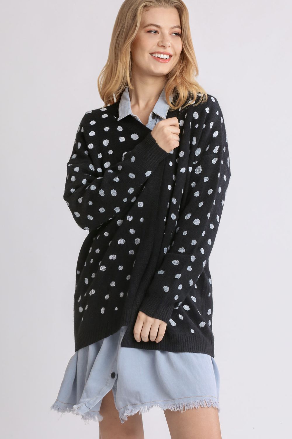 Polka Dot Open Front Drop Shoulder Cardigan