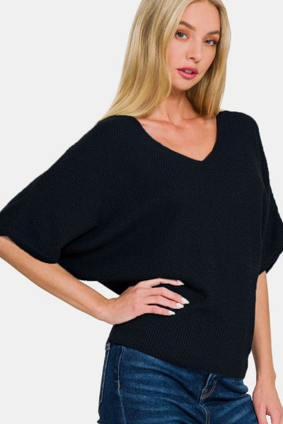 Black V-Neck Short Sleeve Dolman Sweater