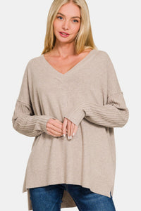 Mocha V-Neck Side Slit High-Low Sweater