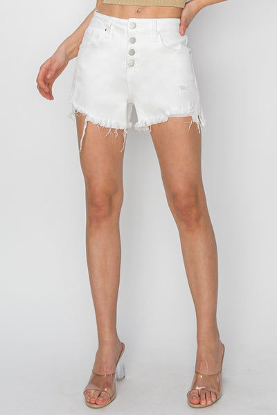 Risen Button Fly Frayed Hem White Denim Shorts
