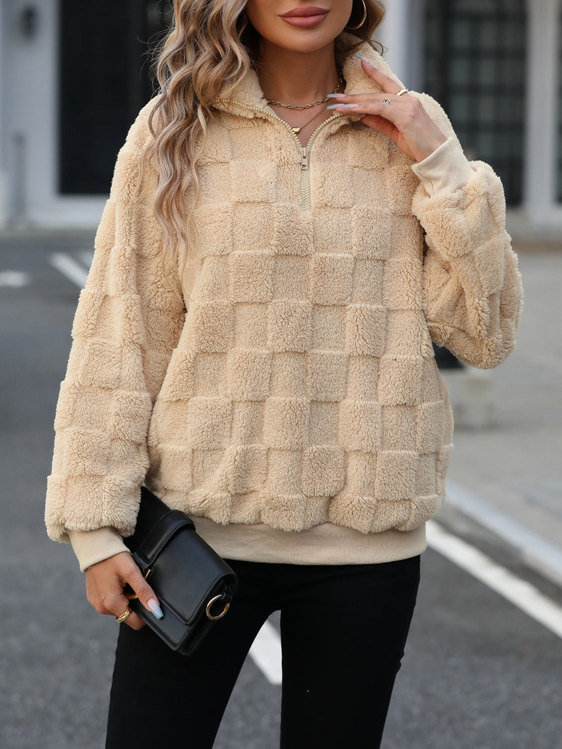 Fuzzy Quarter Zip Checkered Sweatshirt