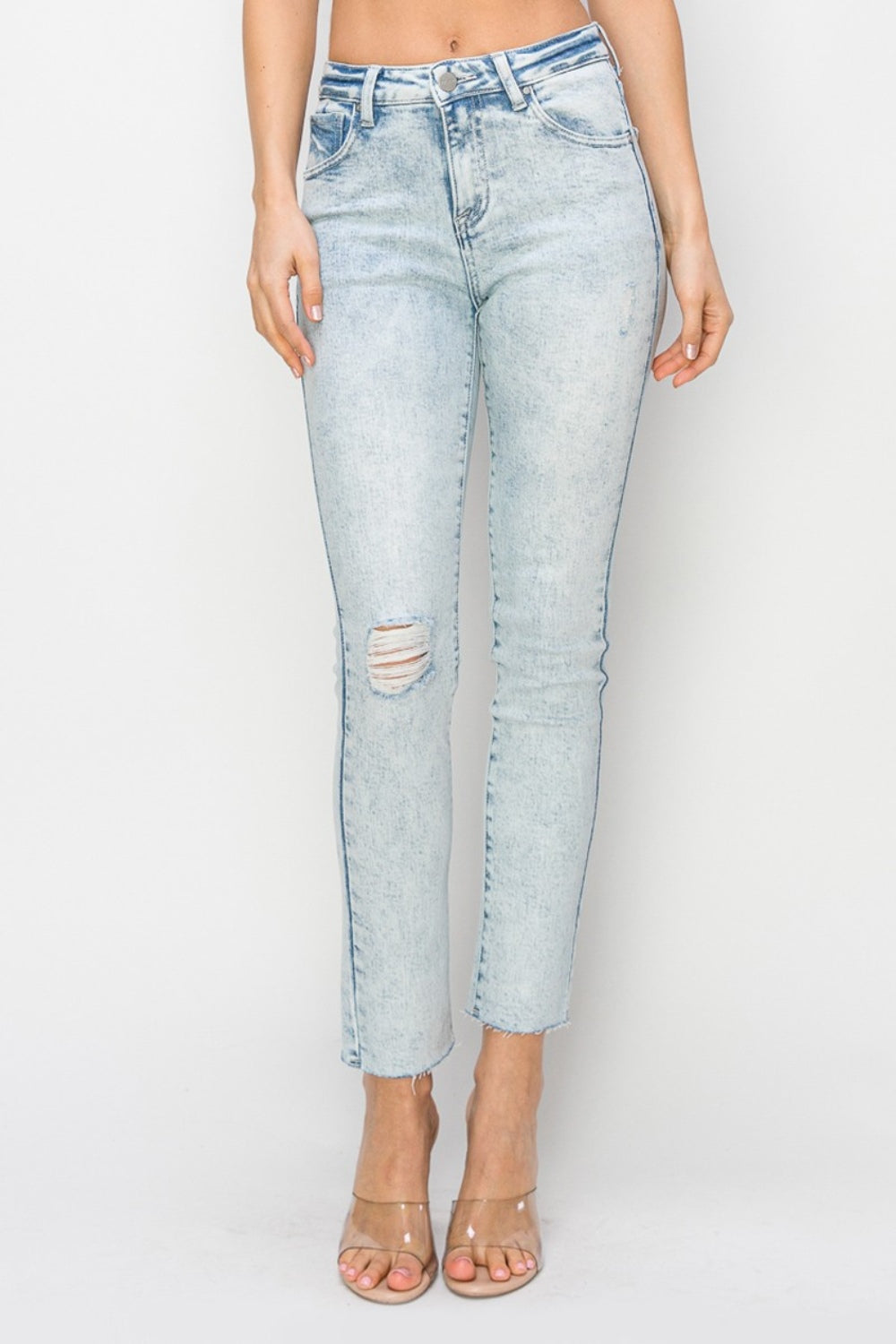 Risen Light Wash High Rise Distressed Skinny Jeans