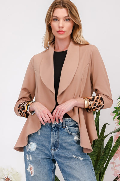 Mocha Rolled Leopard Cuff Open Front Blazer