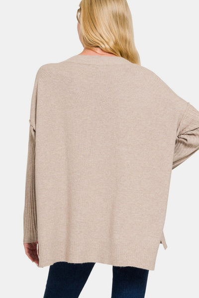 Mocha V-Neck Side Slit High-Low Sweater