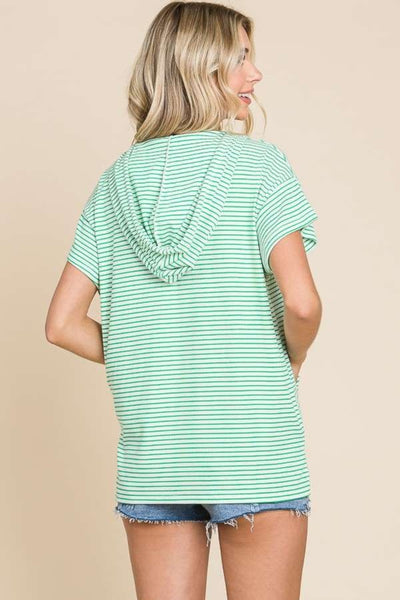 Green Striped Short Sleeve Hooded Top