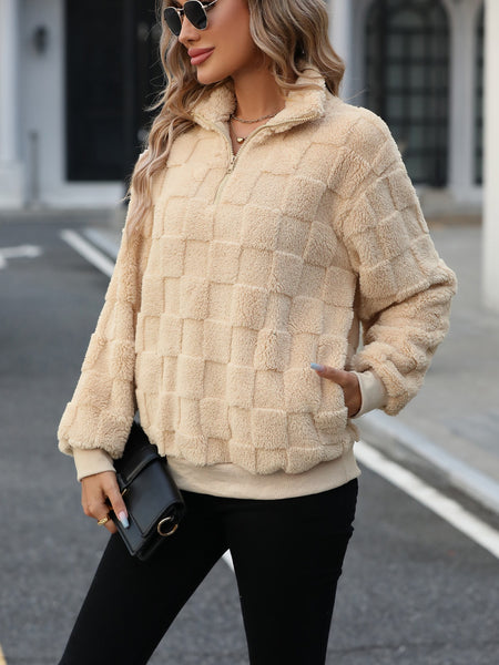 Fuzzy Quarter Zip Checkered Sweatshirt