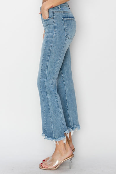 Risen High Rise Frayed Hem Flare Jeans