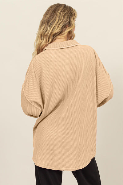 Taupe Waffle-Knit Curved Hem Button Up Shacket