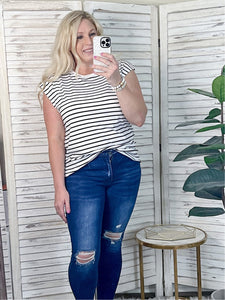Striped Round Neck Capped Sleeve Top