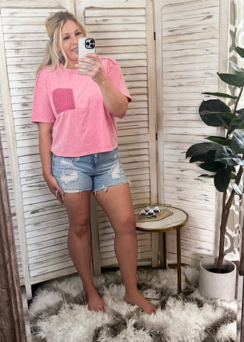 Pink Cropped Tee with Pocket