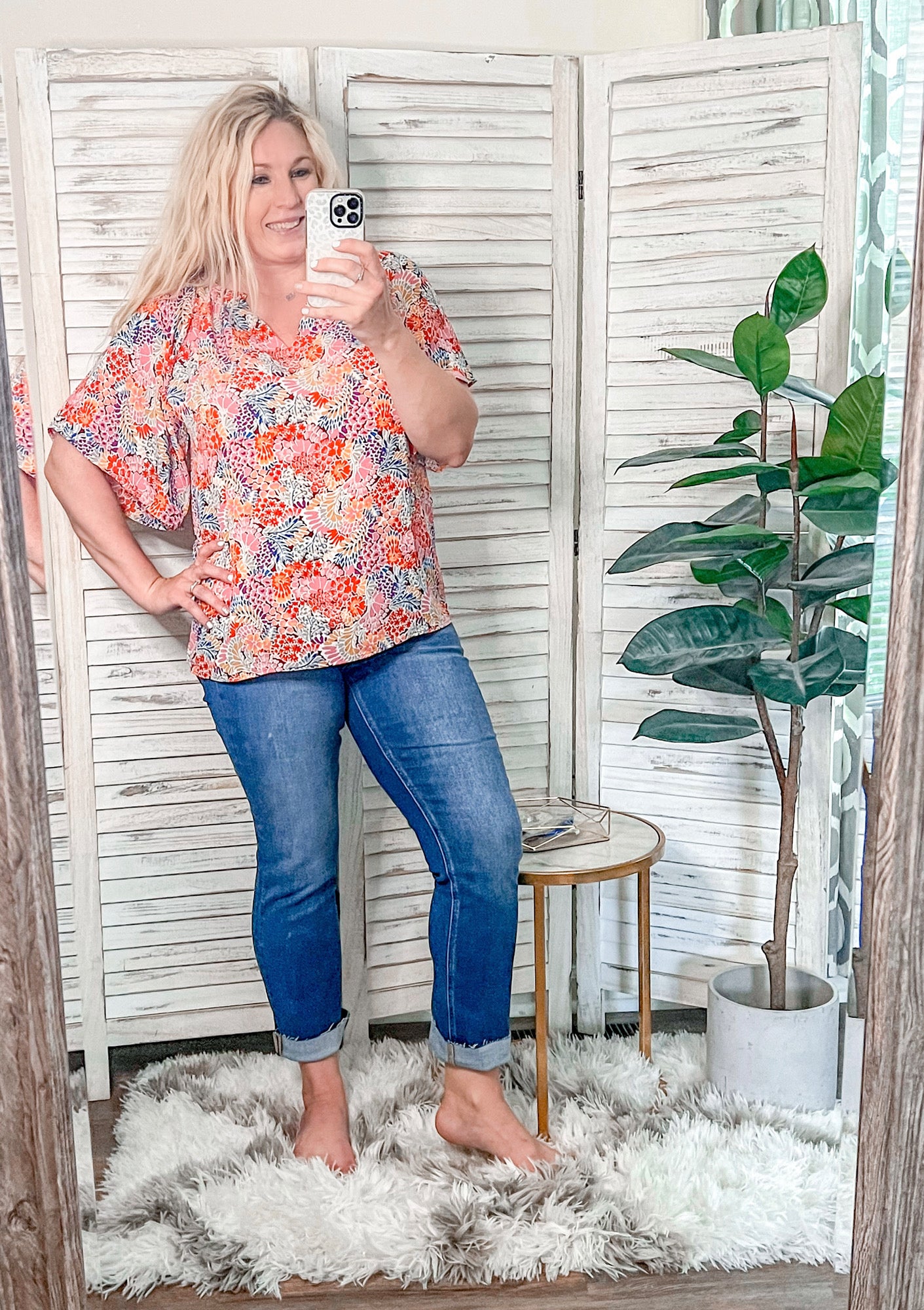Floral Notched Neck Flutter Sleeve Blouse