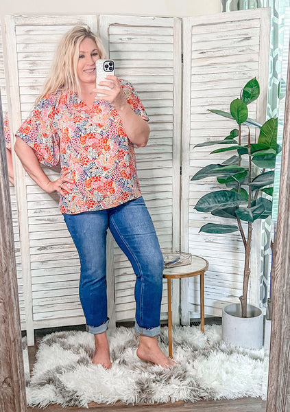Floral Notched Neck Flutter Sleeve Blouse