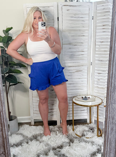 Relaxed Ruffle Trim Shorts in Royal