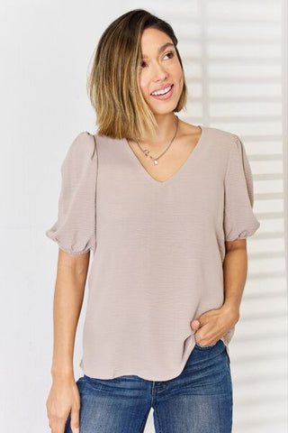 Taupe V-Neck Puff Sleeve Top