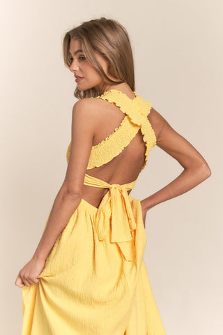 Yellow Texture Crisscross Back Tie Smocked Maxi Dress