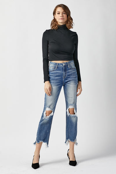 Risen Amelia High Waist Distressed Frayed Hem Cropped Straight Jeans