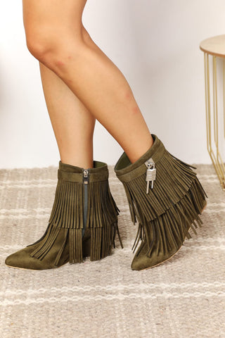 Olive Fringe Wedge Heel Ankle Booties