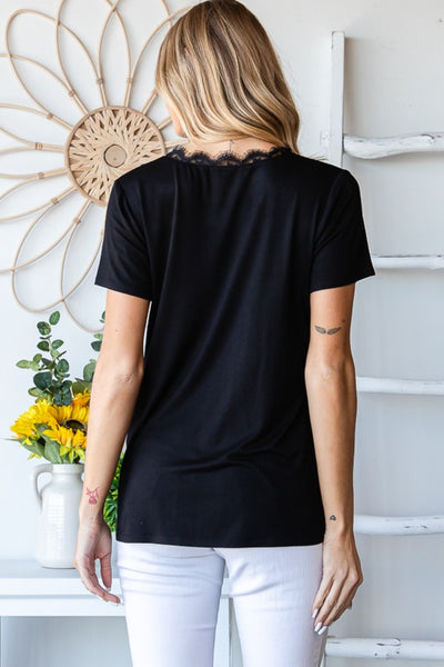 Black Lace Detail V-Neck T-Shirt
