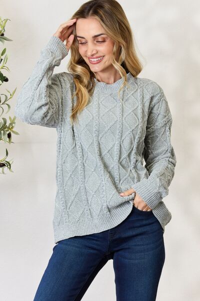 Dusty Sage Cable Knit Round Neck Sweater