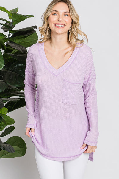 Lilac Waffle Knit V-Neck Long Sleeve T-Shirt