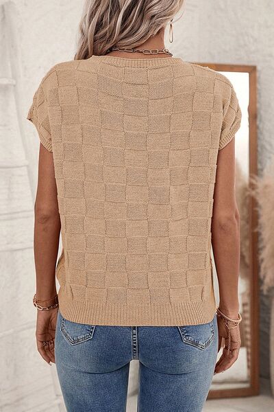 Pocketed Checkered Round Neck Knit Top(PreOrder)