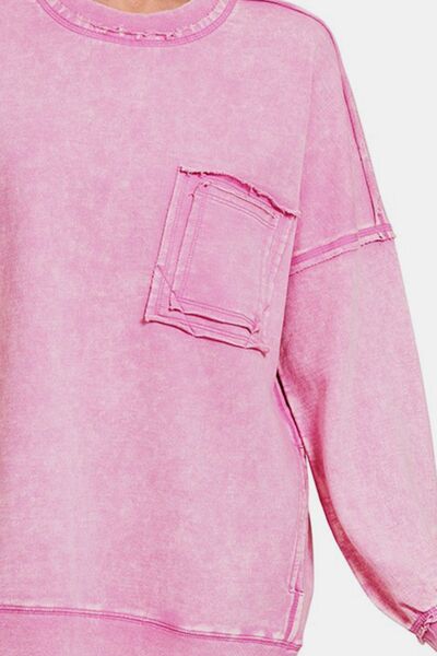 Light Pink Exposed Seam Round Neck Dropped Shoulder Sweatshirt