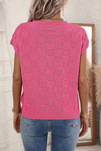 Pocketed Checkered Round Neck Knit Top(PreOrder)