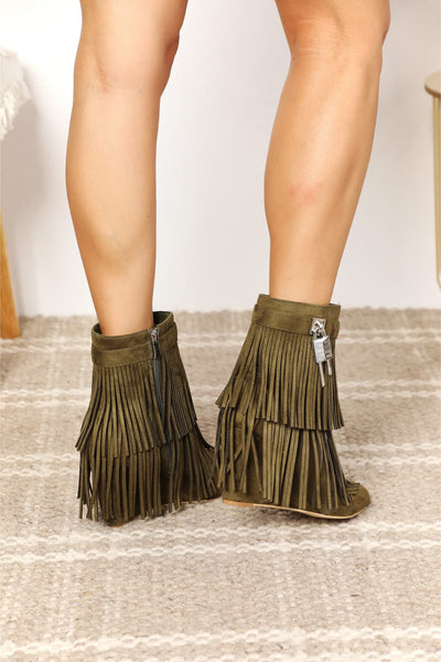 Olive Fringe Wedge Heel Ankle Booties