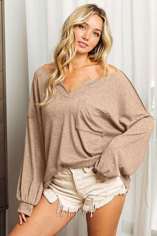 Taupe Exposed Seam Long Sleeve Top