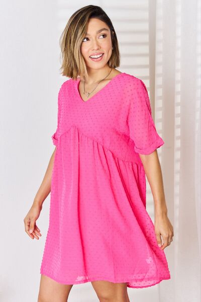 Hot Pink Swiss Dot Rolled Short Sleeve Babydoll Dress