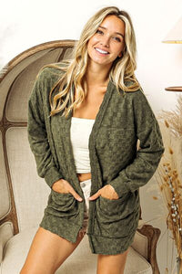Olive Checkered Open Front Cardigan