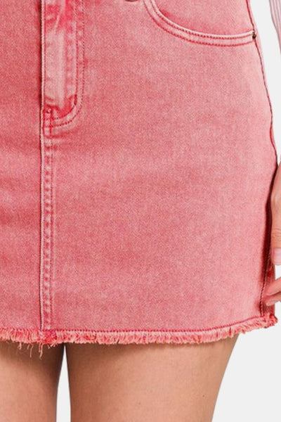 Ash Pink Acid Wash Frayed Hem Skirt