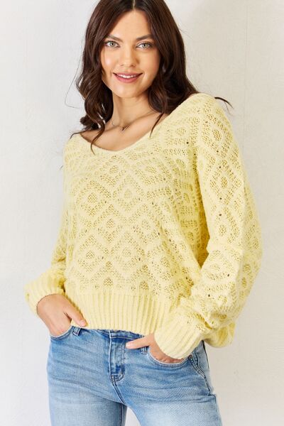 Yellow V-Neck Patterned Sweater