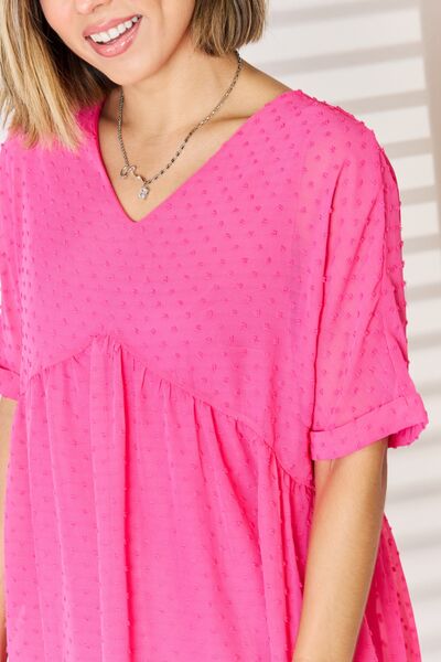 Hot Pink Swiss Dot Rolled Short Sleeve Babydoll Dress