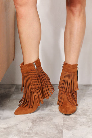 Brown Fringe Wedge Heel Ankle Booties