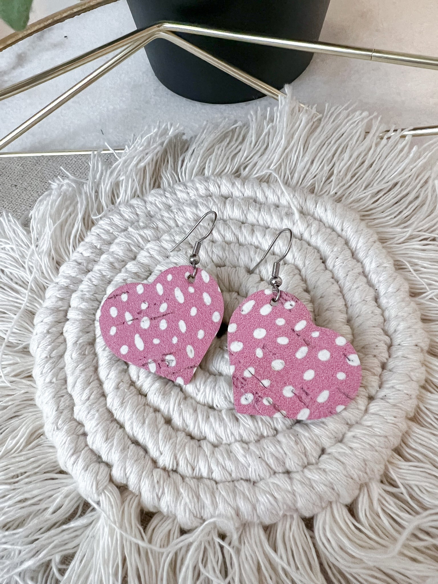 Pink Dot Heart Cork Earrings